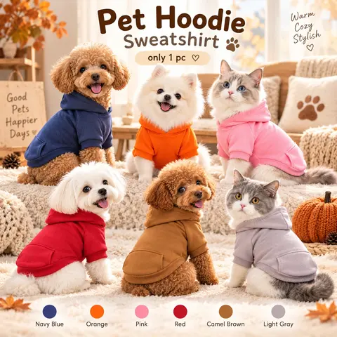 Fall Winter Pet Hoodie with Pockets, Soft Fleece Warm Cat Dog Clothes, Fashion Pullover Pet Sweatshirt, 6 Colors Available