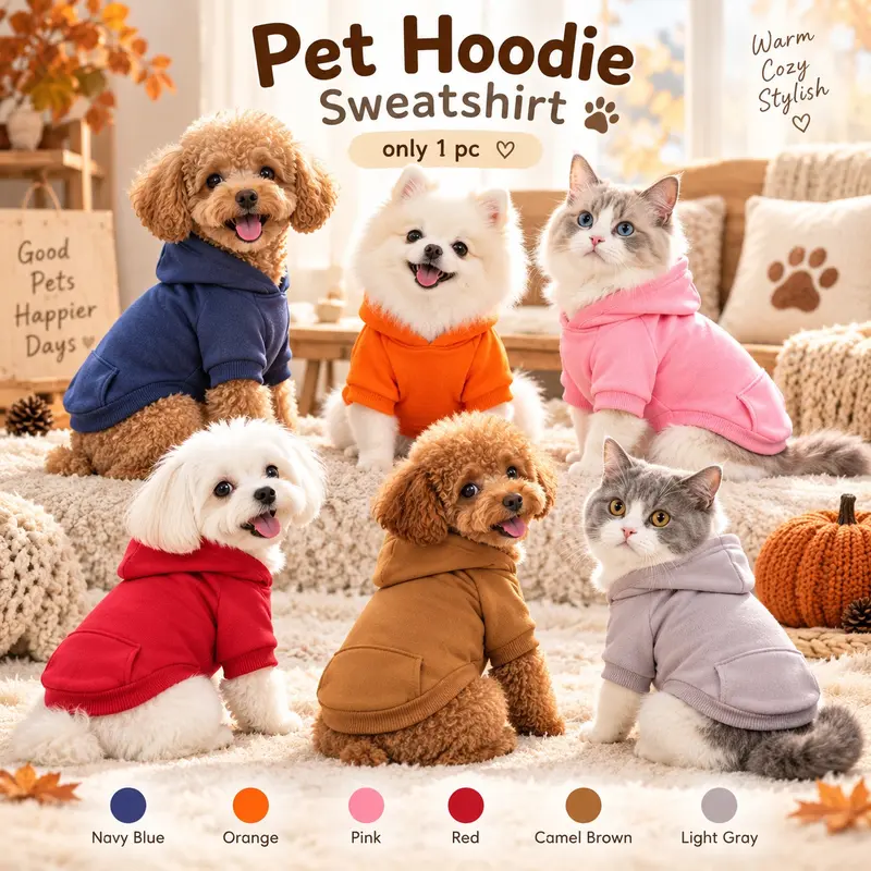 Fall Winter Pet Hoodie with Pockets, Soft Fleece Warm Cat Dog Clothes, Fashion Pullover Pet Sweatshirt, 6 Colors Available