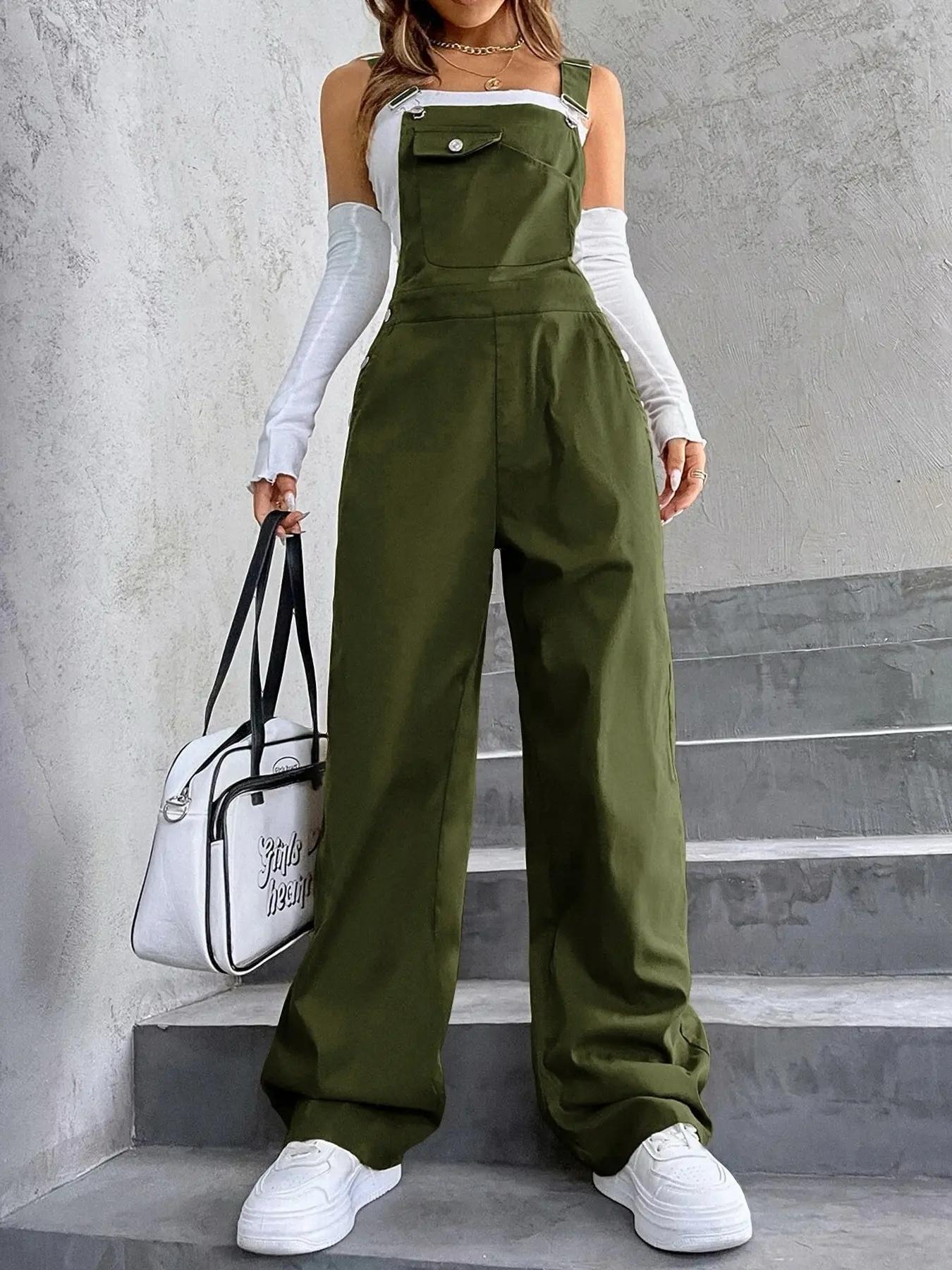 Women's Plain Pocket Overalls, Casual Comfy Overalls for Daily Wear, Ladies Clothes for All Seasons