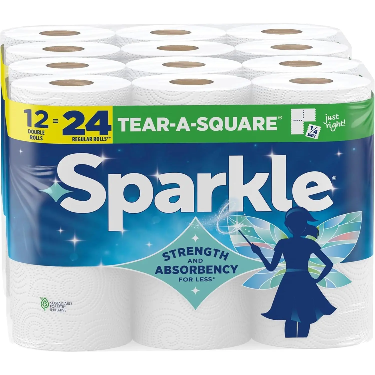 Sparkle Tear-A-Square Paper Towels, 12 Double Rolls - Strong 2-Ply Towels for Kitchen Cleanup and Everyday Messes