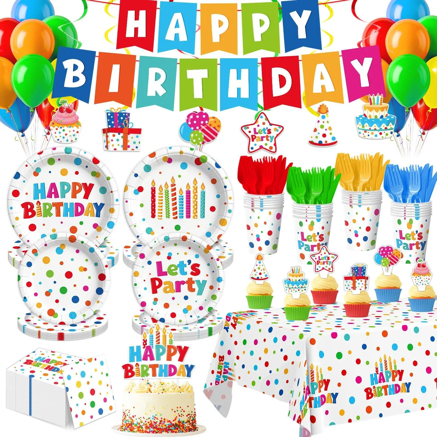 Polka Dots Prints Birthday Party Supplies Kit (195-Count, Serves 24) - Synthetic Decorations Including Banner, Plates, Napkins, Cups, Forks, Knives, 137*274 Tablecloth, Topper, 18 Balloons