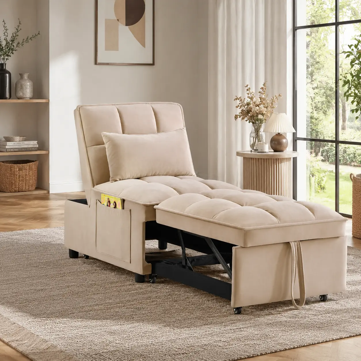 Littleox 4 in1 Multi-Function Single Sofa Bed with Storage Pockets,Tufted Single Pull-out Sofa Bed with Adjustable Backrest and Pillows