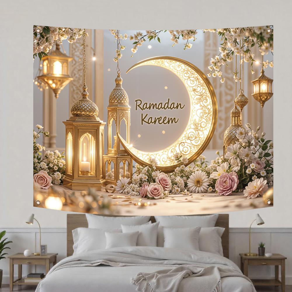 Ramadan Theme Backdrop, 1-Count Elegant Moon & Lantern Pattern Wall Hanging Backdrop, Party Flowers Decoration for Home Living Room and Bedroom