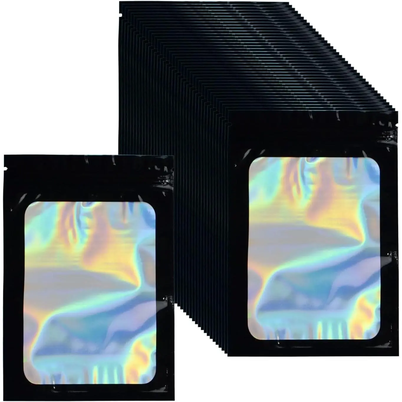 50 count Black Holographic Mylar Bags with Clear Window, 4×6 Inch Resealable Package Bags for Candy, ,  (Black, 4×6 Inch)