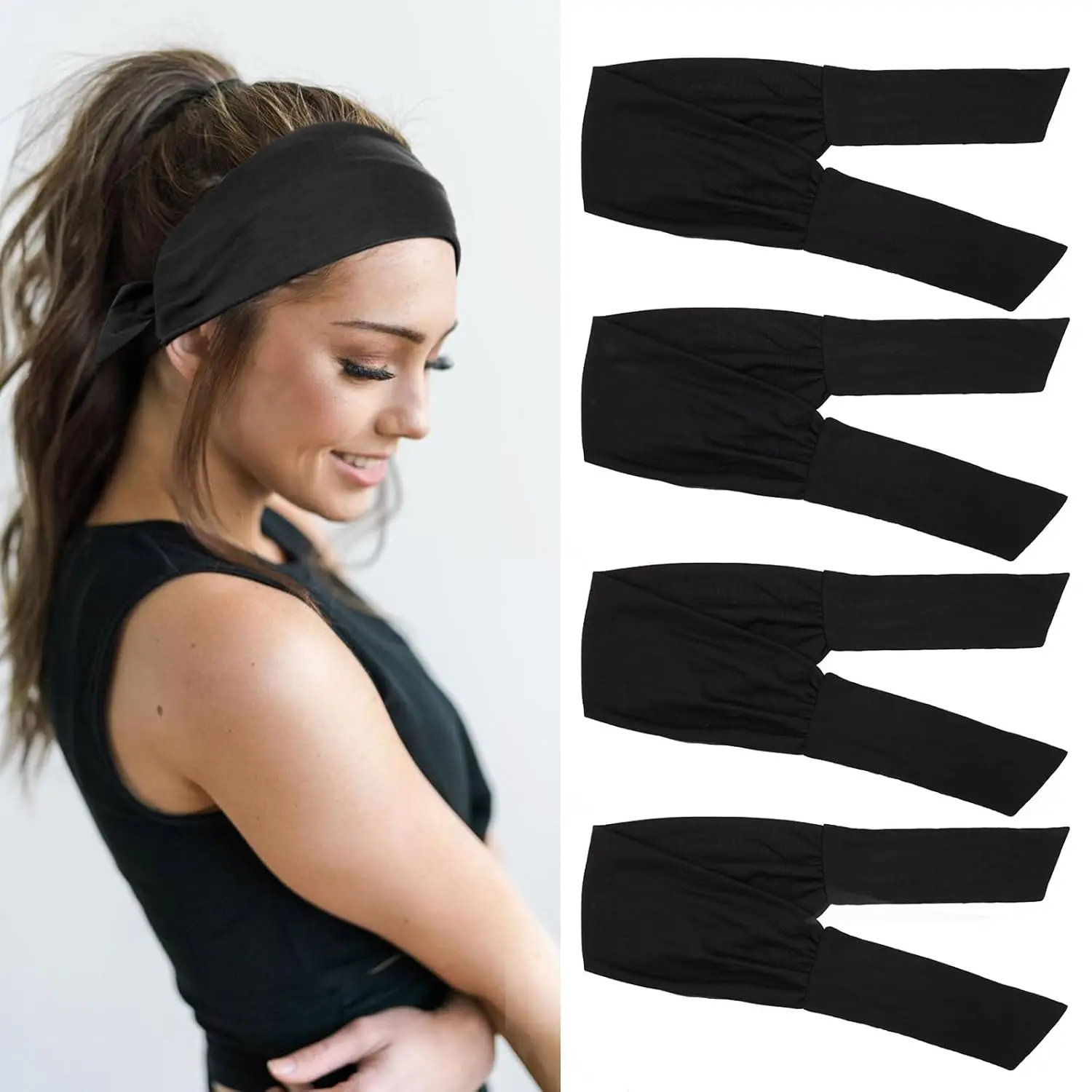 4 count Knotted Adjustable Headbands for Women Black Headbands Elastic Non-Slip Fashion Hair Bands for Workout  Running Yoga