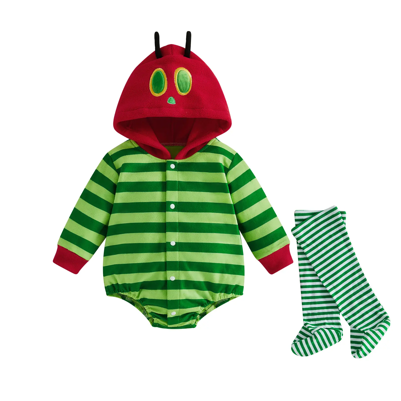Baby Caterpillar Costume Infant Girl Boy Halloween Costume Long Sleeve Hooded Hungry Romper with Leg Warmers Cosplay Outfit Set