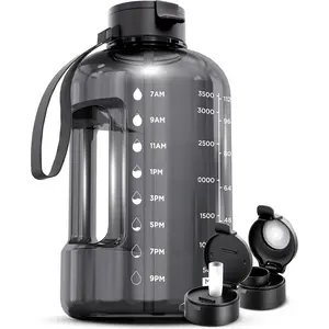 1 Gallon Water Bottle with Time Marker - Straw & Chug Lid - BPA Free Gym Water Bottle with Straw - Big Gallon Jug (Gray, 128 oz - 2 Lids)