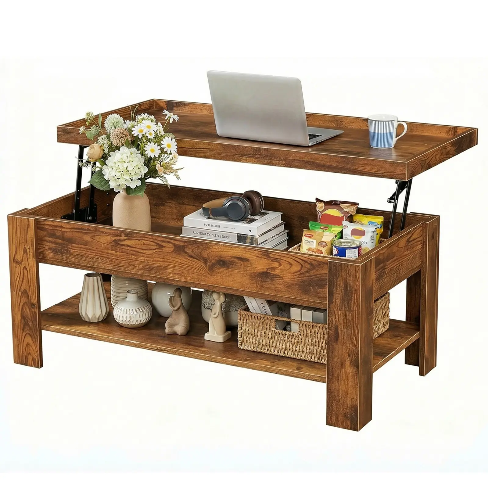 Lift Top Coffee Table with Hidden Storage – Modern Wood Center Table with Large Compartment & Shelf for Small Spaces