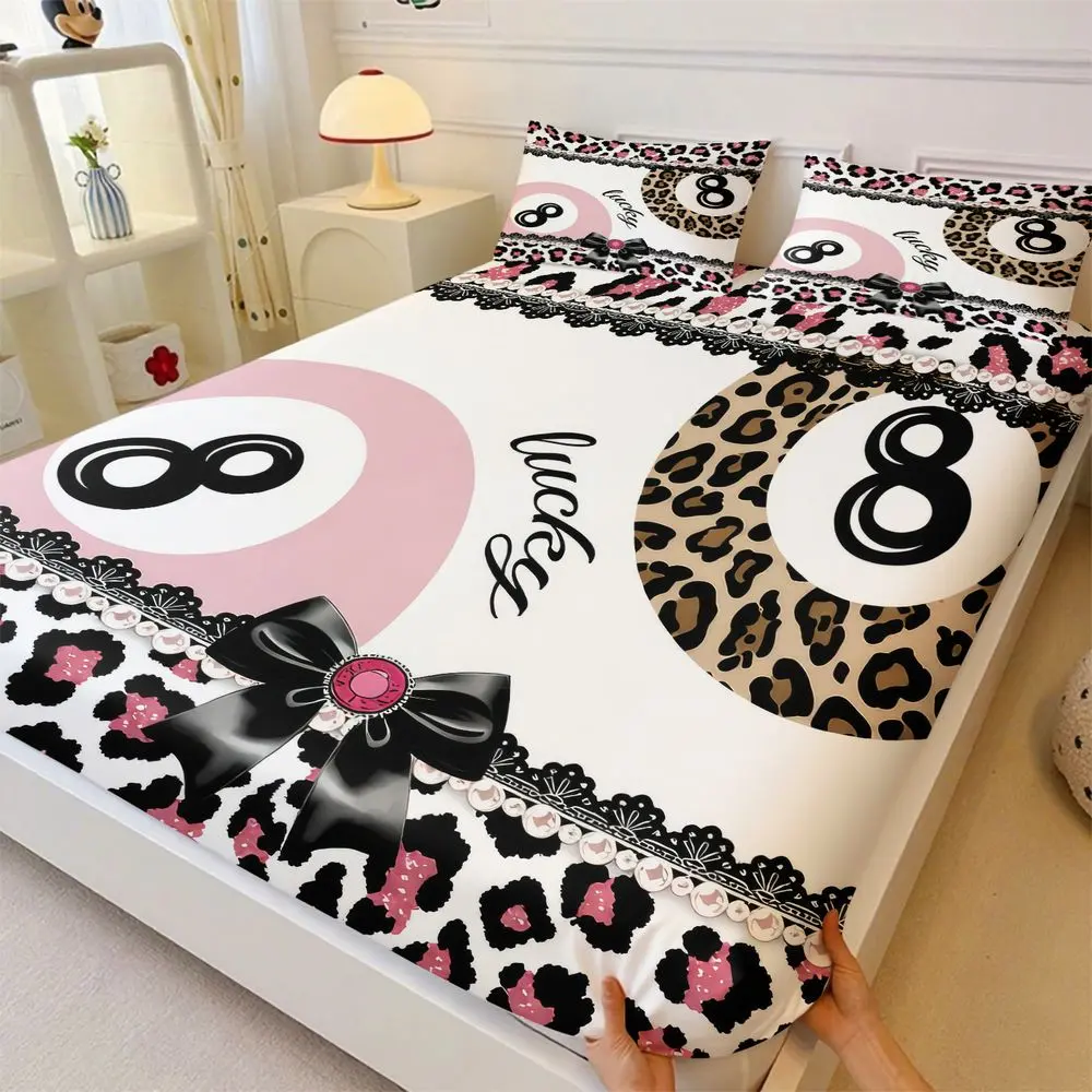 3Pcs Y2K Aesthetic Bedding Set, Pink Leopard Print Fitted Sheet Set, Lucky 8 Ball Bed Sheets Set for Girls Room, Cute Sheets Soft Microfiber Bedding Decor for Dorm Bedroom No Fillers