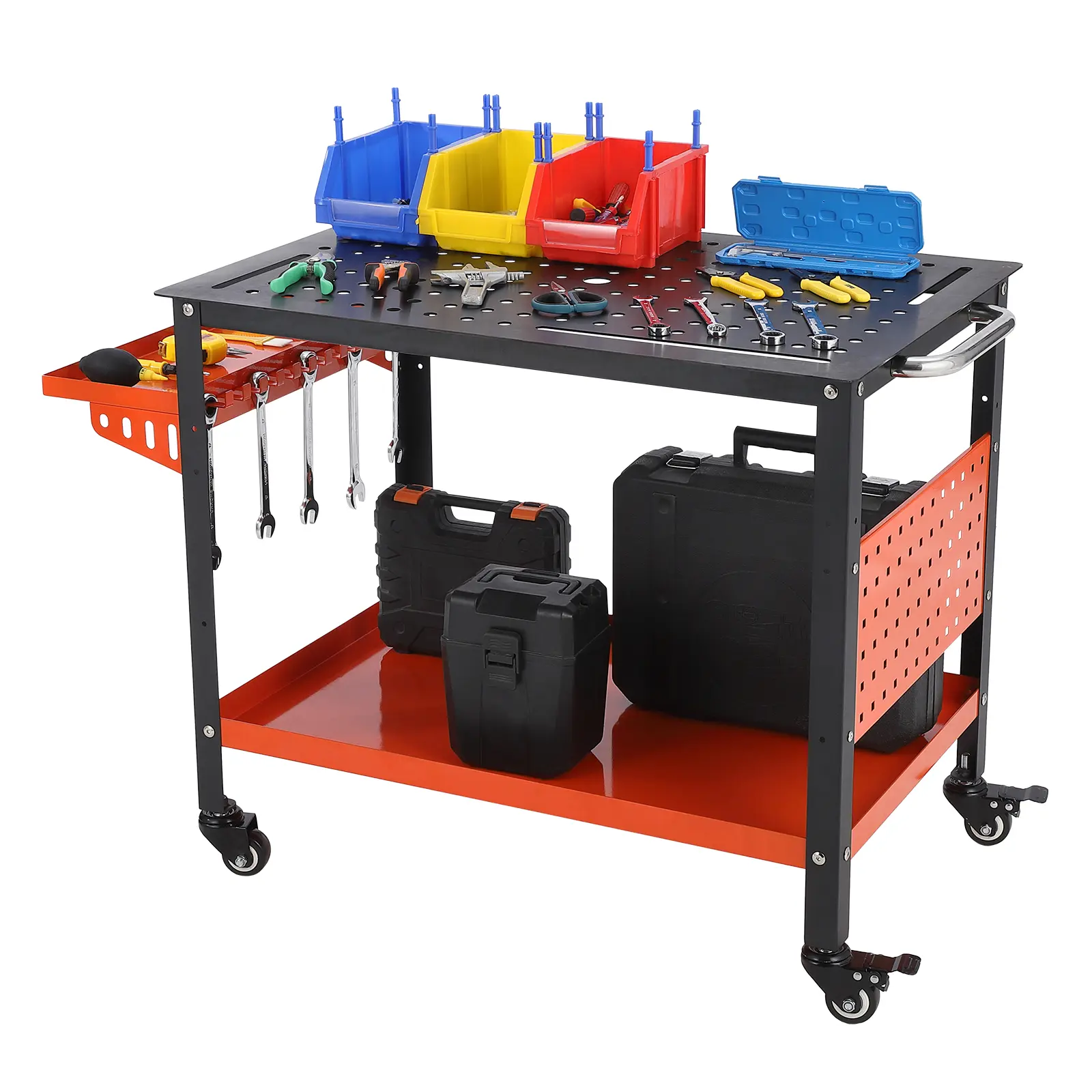 GARVEE Mobile Steel Welding Table, 36 x 24 Inch Rolling Workbench Cart with 600 lb Capacity, 161 5/8-Inch Fixture Holes, 4 Tooling Slots, Pegboard, Side Tool Tray, Lower Shelf, Push Handle and Locking Casters for Garage Fabrication, Repair and DIY