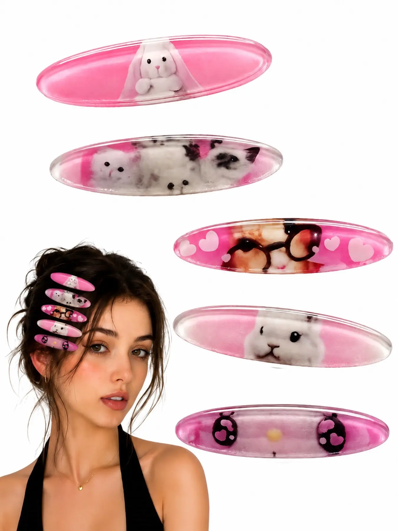 Cute Animal Decorative Hair Clips 💖 5Pcs Pink Resin Snap Barrettes | Y2K Kawaii Hair Accessories for Women & Girls