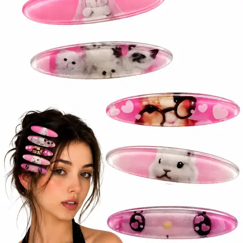 Cute Animal Decorative Hair Clips 💖 5Pcs Pink Resin Snap Barrettes | Y2K Kawaii Hair Accessories for Women & Girls