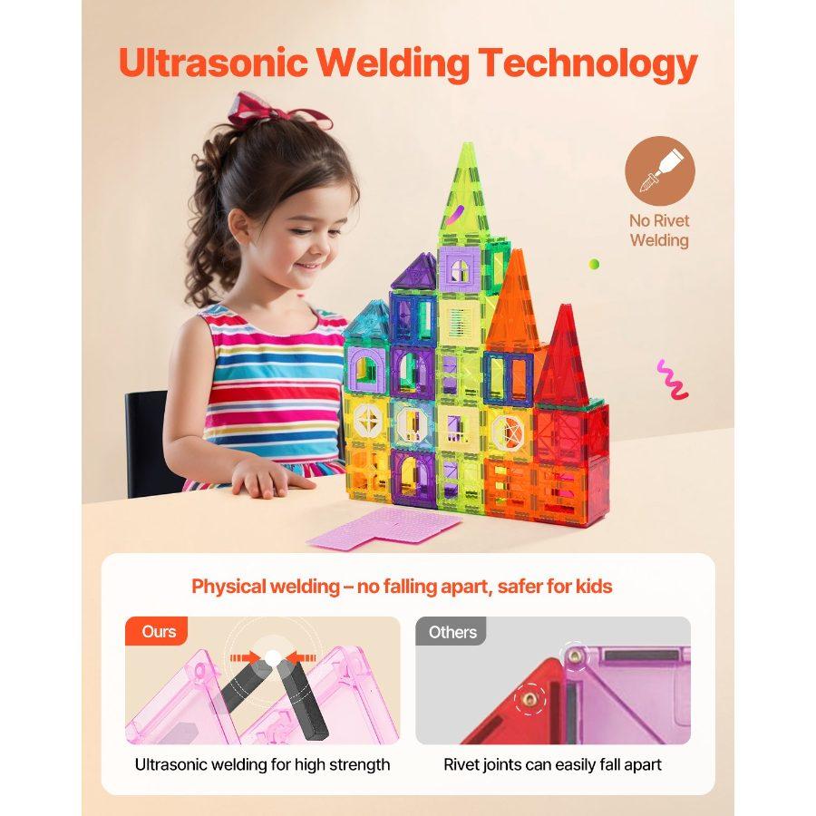 VEVOR Magnetic Tiles, 180 PCS Magnetic Building Blocks for Kids, Magnet Building Set with 2 Car Bases Ferris Wheel Stand, STEM Educational Construction Stacking Toys for Toddlers Boys Girls Aged 5+