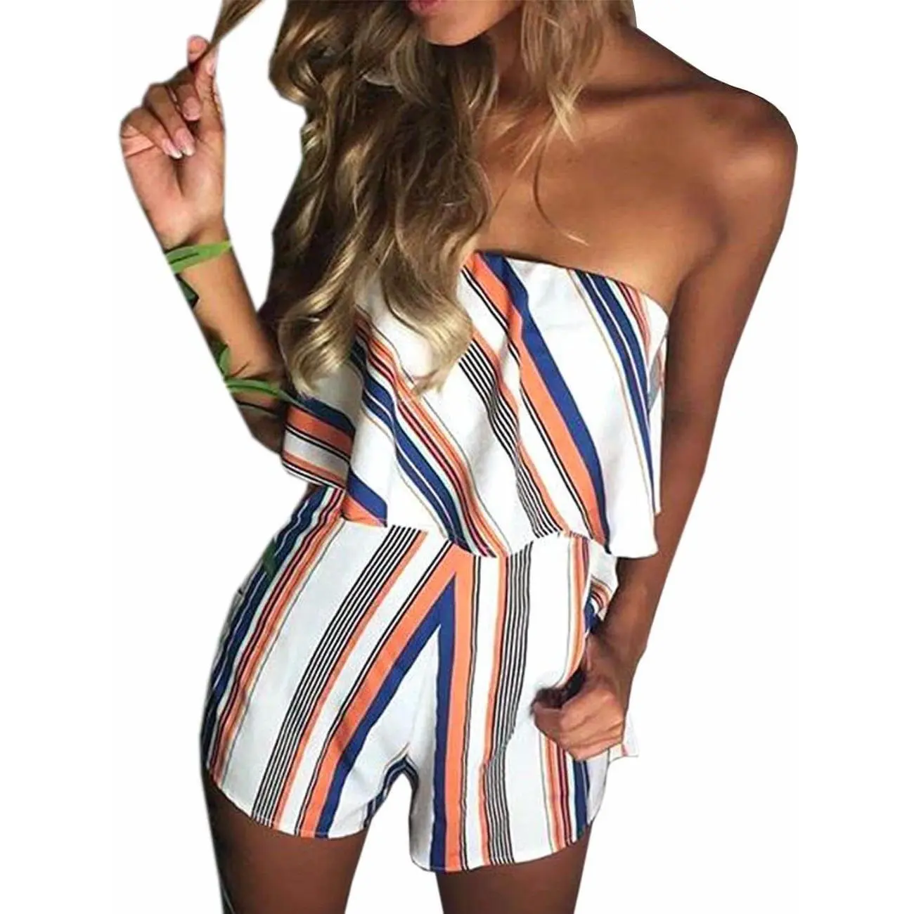 Women's Strapless Off Shoulder Flower Ruffled Beachwear Short Tube Rompers Jumpsuits