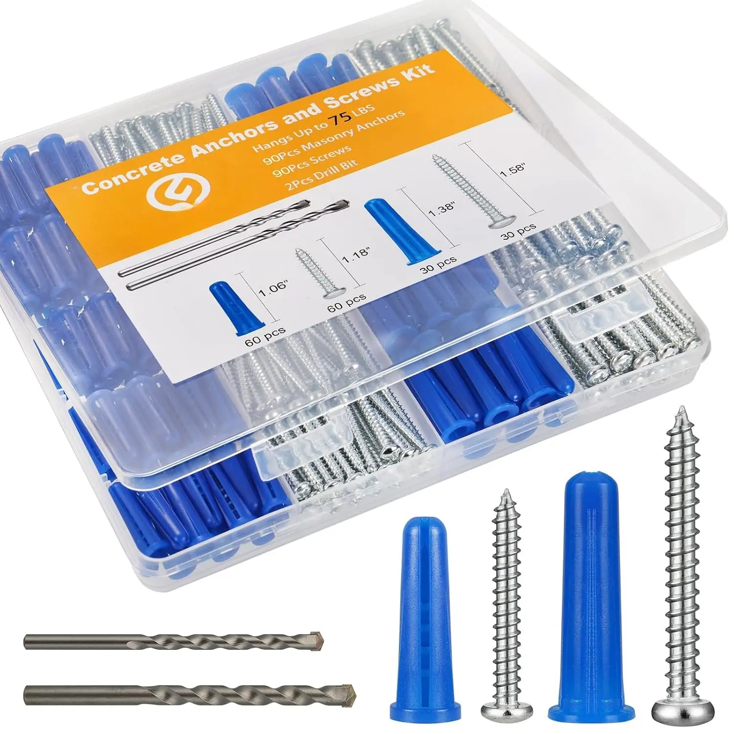 180 count Conical Concrete Anchors and Screws  Kit, 90 count Concrete Wall Anchors, 90 count Self Tapping Screws for Masonry Stucco Brick Cement Cinder Block Tile, with 2 count Drill Bit