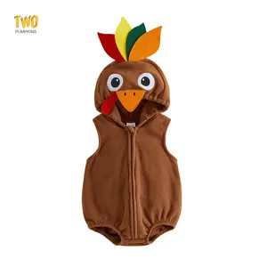 Baby Boy Outfit Turkey Hooded Romper 0-24m | My First Thanksgiving Baby Boy Outfit, Fleece Hoodie Bodysuit, Zipper Easy Diaper Change, Perfect Thanksgiving Party Photo