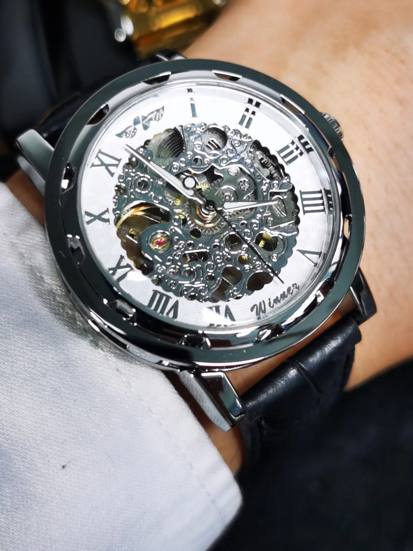 1pc Fashion Business Skeleton Hand Winding Mechanical Watch for Men Luminous Hands Top Brand Leather Strap Luxury Wristwatches