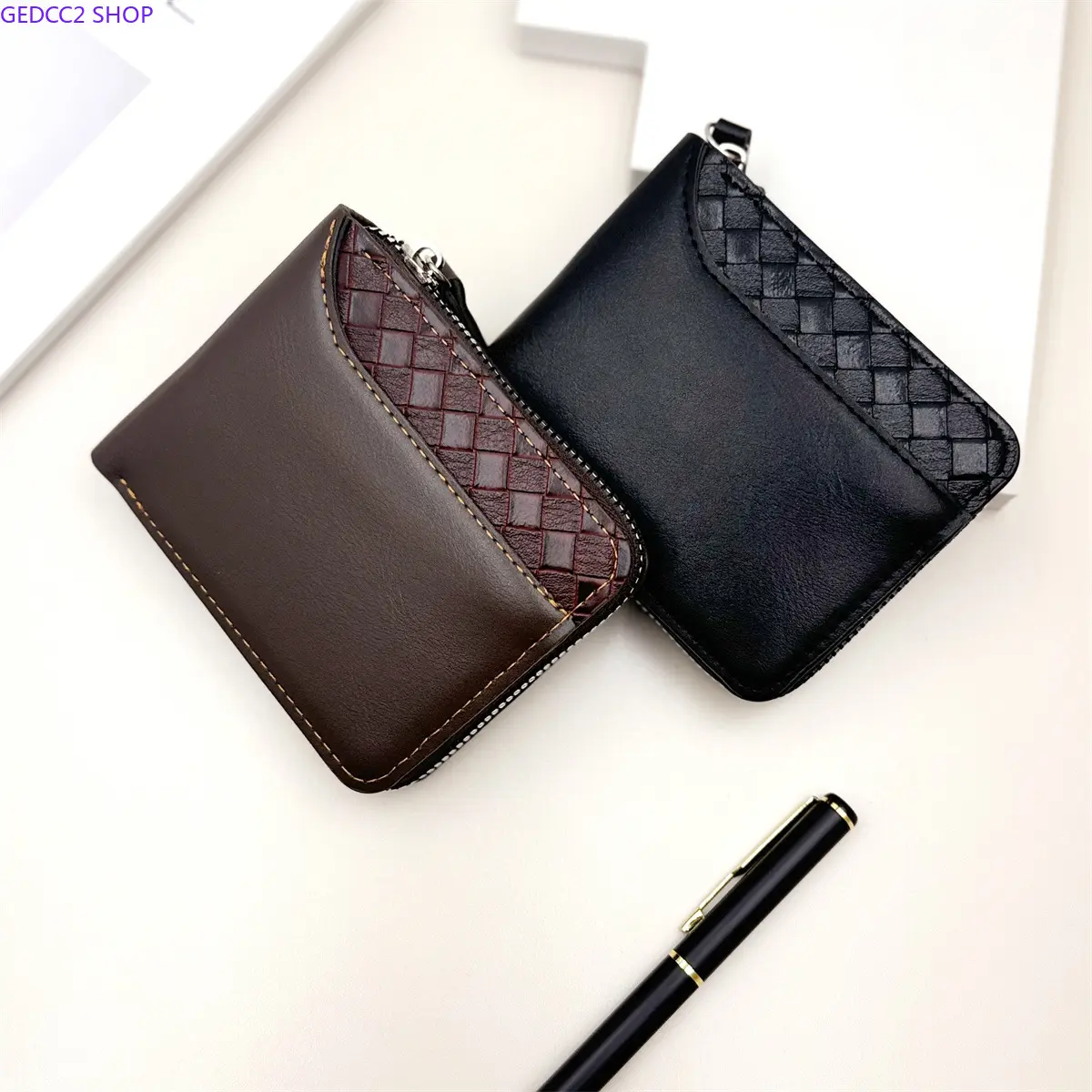 Men's Compact Zipper Card Holder Wallet - Woven Detail PU Leather Purse with Multi-Card Slots, 2-Color Design, Ideal Father's Day Gift for Him (Sports & Outdoor Camping Hiking Hammock Accessory), Card Slots Pocket