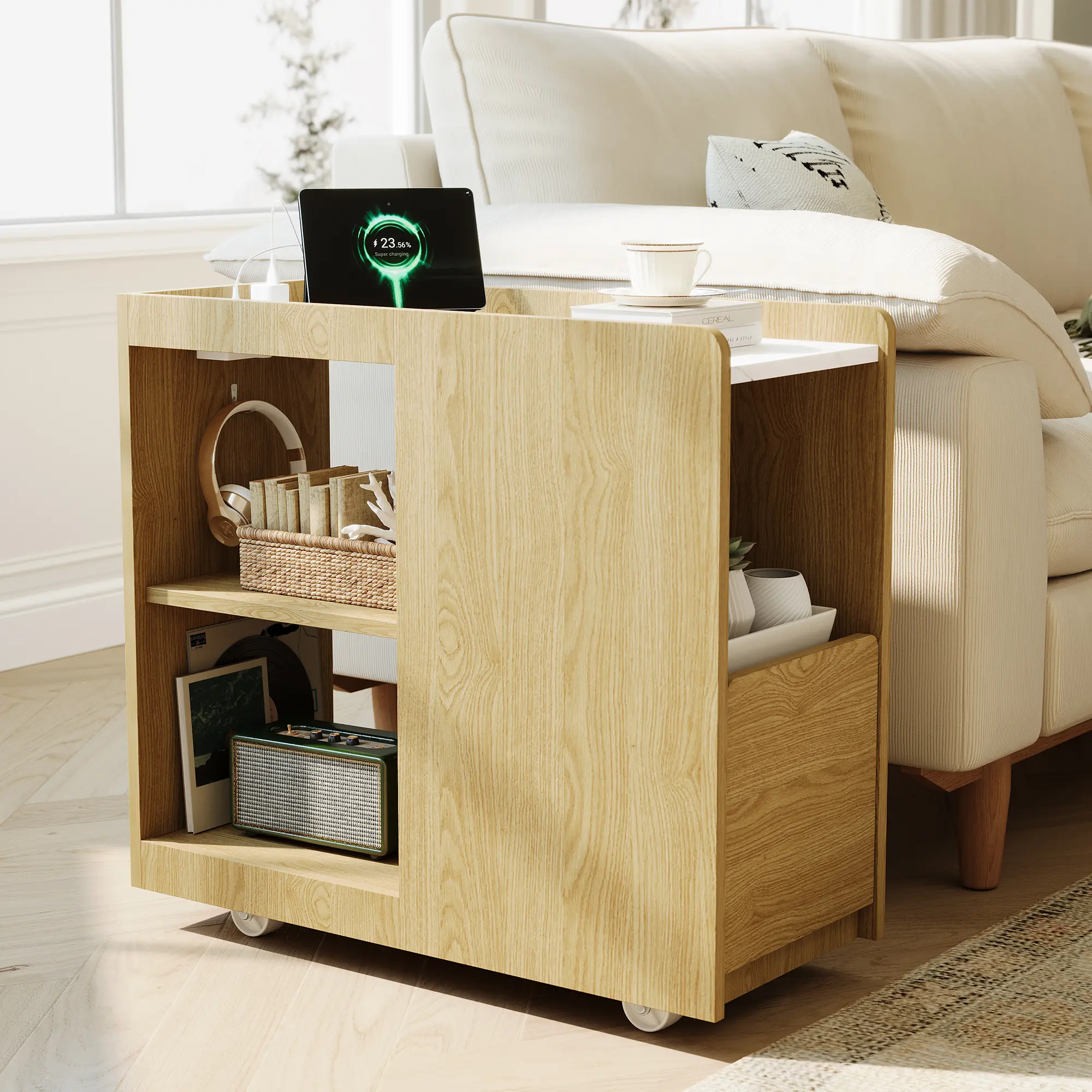Modern Slim Profile Narrow Form Oak Finish Sideboard Cabinet - 2 AC Outlets, USB & Type-C Ports, Drawer, Adjustable Shelf, Locking Wheels - Rolling Indoor Furniture for Dining Room, Bedroom, Charging Station