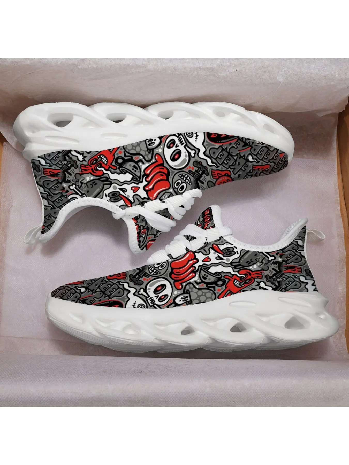Hip Hop Graffiti Skull Print Fashion Sneakers, Cartoon Monster Doodle Street Design Lightweight Breathable EVA Shoes Running Shoes, White Thick Sole Casual Athletic Shoes Youth Style