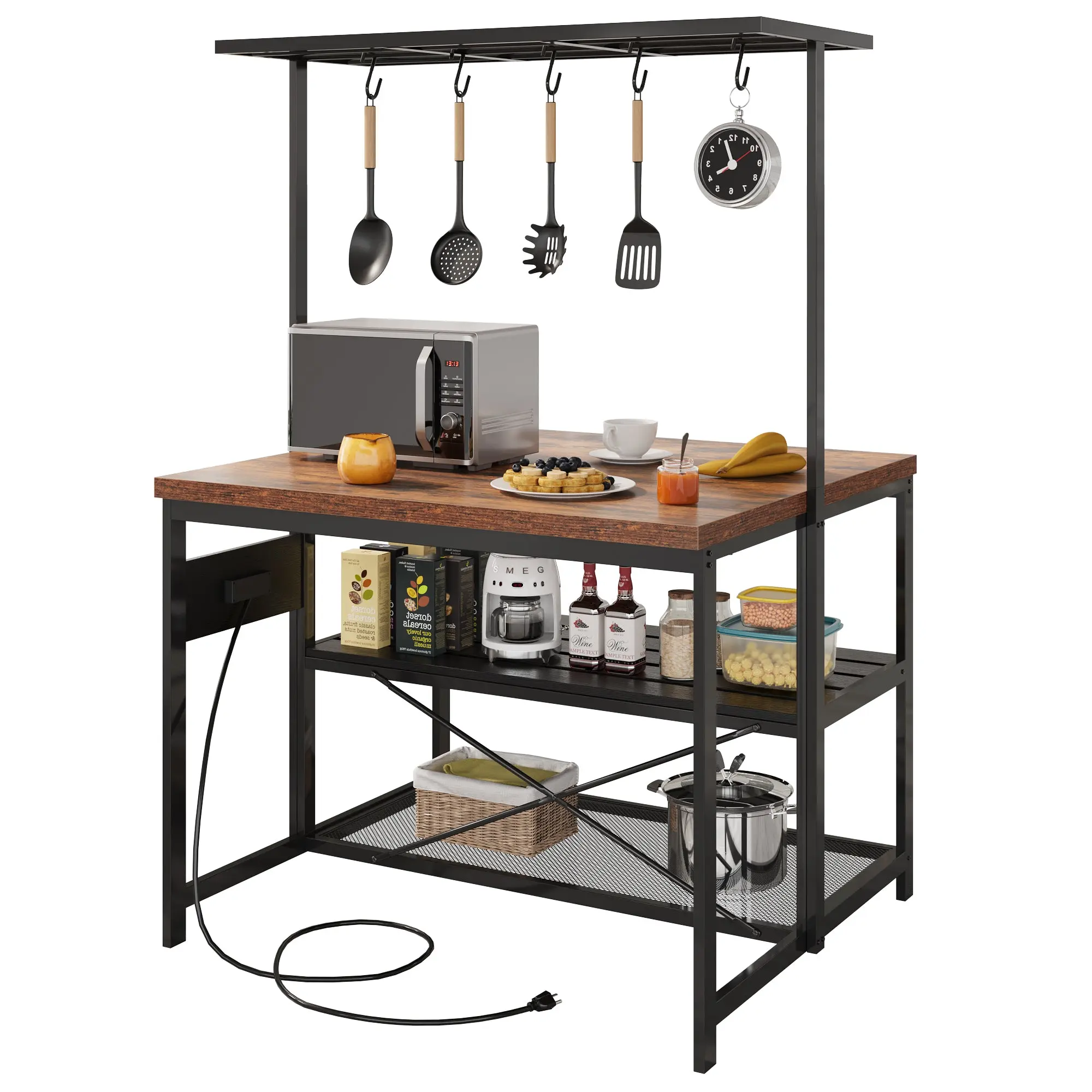 GARVEE47 inch Kitchen Island with Storage & Power Outlet 3-Tier Microwave Stand, Coffee Bar Table, and Bakers Rack with 5 Hooks for Kitchen, Dining and Living Rooms