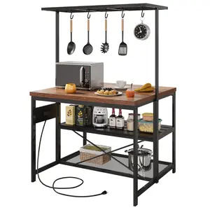 GARVEE47 inch Kitchen Island with Storage & Power Outlet 3-Tier Microwave Stand, Coffee Bar Table, and Bakers Rack with 5 Hooks for Kitchen, Dining and Living Rooms