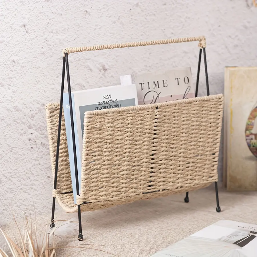 Hand-woven paper rope storage basket for magazines and books—Japanese-style pastoral woven basket suitable for homestay decor, book/magazine/newspaper rack.