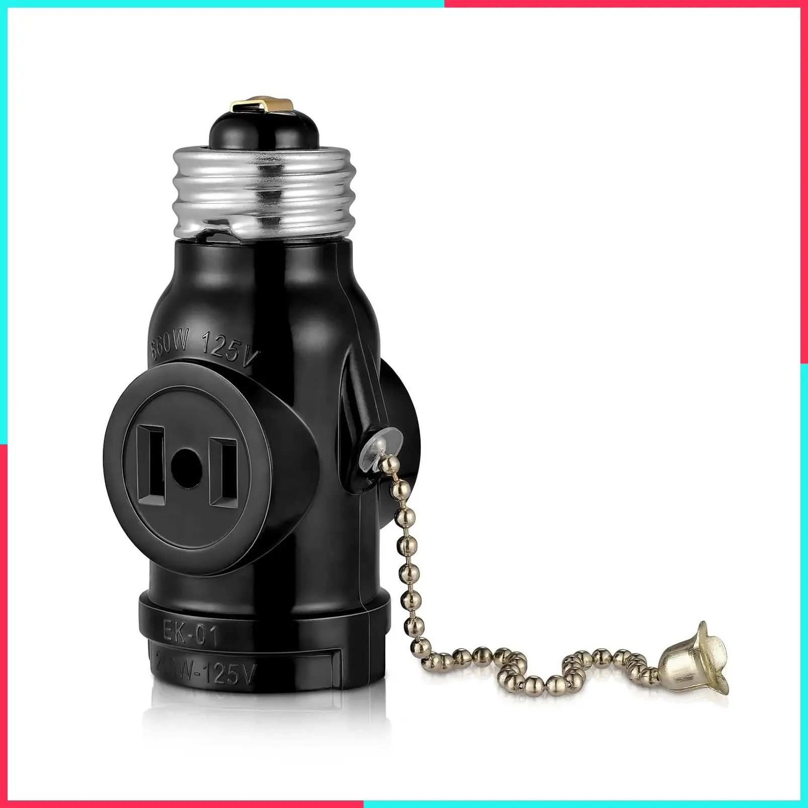 2-Outlet Light Socket Adapter, E26 Bulb Socket to Outlet Splitter, Converts Medium Screw Socket into Dual Polarized Outlets with Pull Chain Switch, UL Listed, Black (1-Pack)