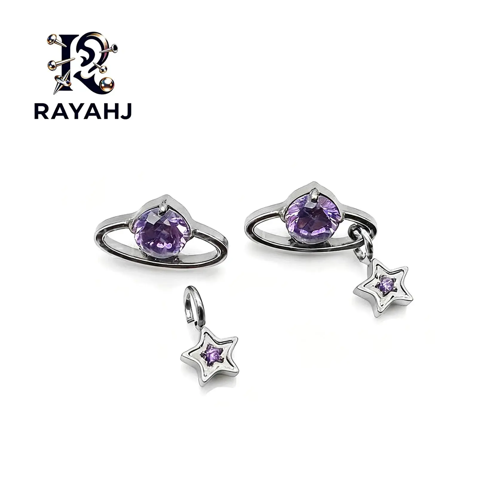 F136 Titanium M0.9 Zircon Planet Orbital Star Pendant Earbone Nail 16G Internal Thread Lip Nail Perforated Jewelry
