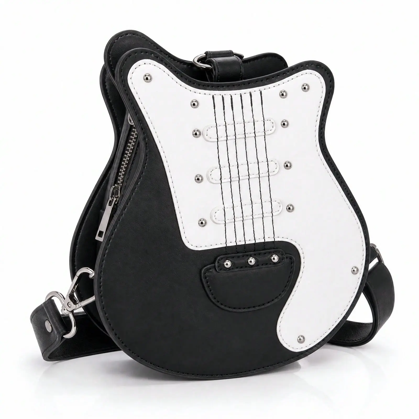 2025 New Creative Y2K Baddie Retro Micro Guitar Bag, Bass Guitar Asymmetrical Shoulder Bag, Chain And Rivet Decor Colorblocking Wide Strap Unisex Streetwear Bag (Small Size)