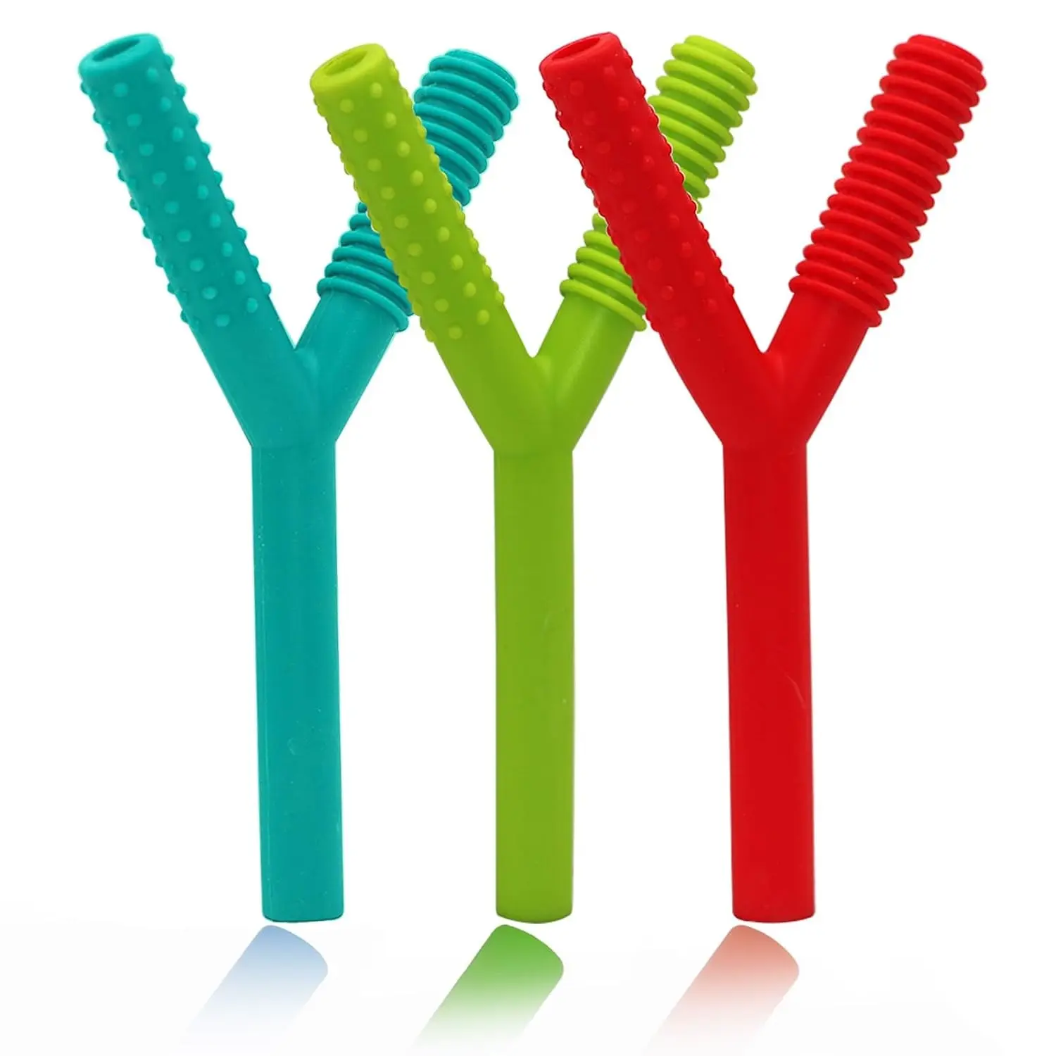 3 Pack Silicone Hollow Chew Teething Tubes for Babies 3-6 Months, Y-Shape Chewable Straw Baby Teether Toys for Infants & Autistic Children, Biting Chewing Relief(Gift)