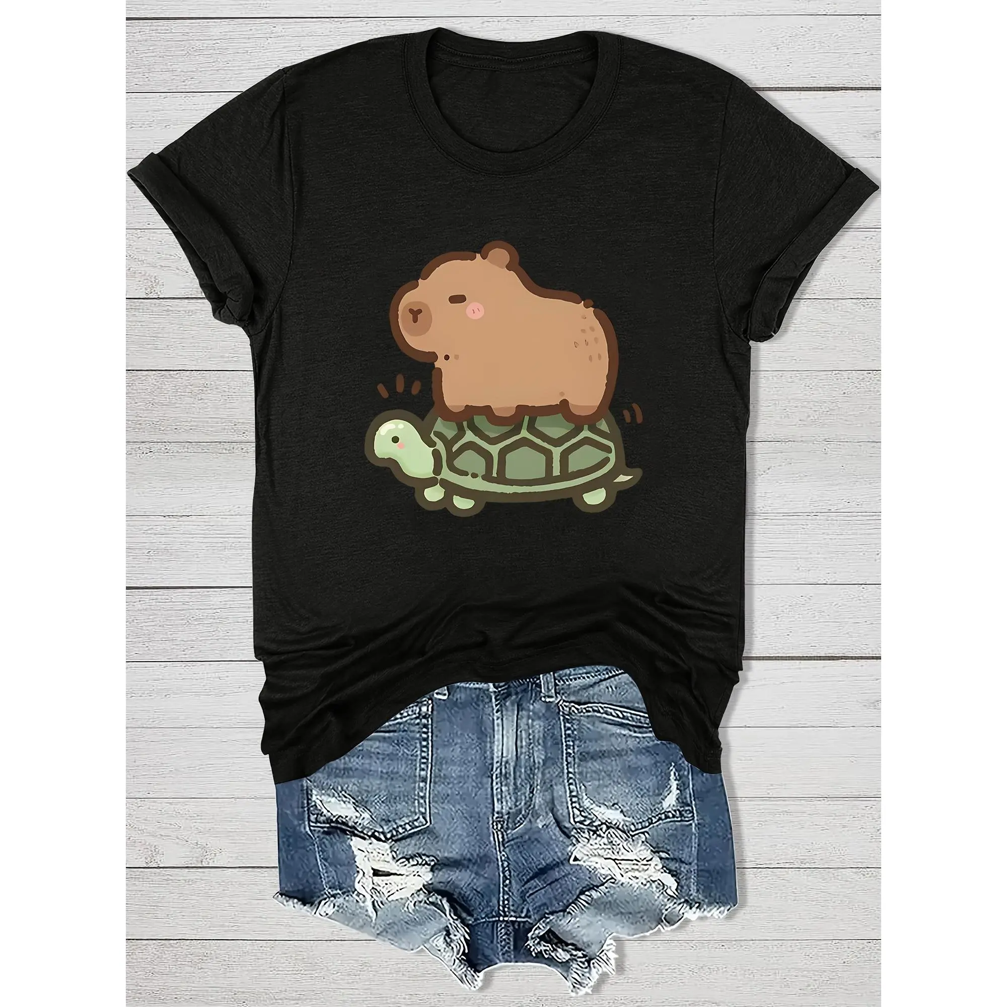 Casual T-Shirt for Women Featuring an Adorable Capybara And Turtle Design - Short Sleeves, Round Neckline, Ideal for Casual Outings |   Fun Graphic Tee |   Short-Sleeved Shirt