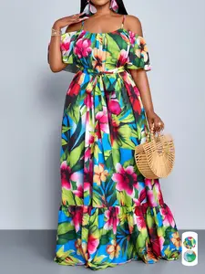 Plus Size Summer Casual Fashion Dress for Women, All over Print Long Dress, Sleeveless Shoulder Strap Design, Perfect for Vacation & Travel