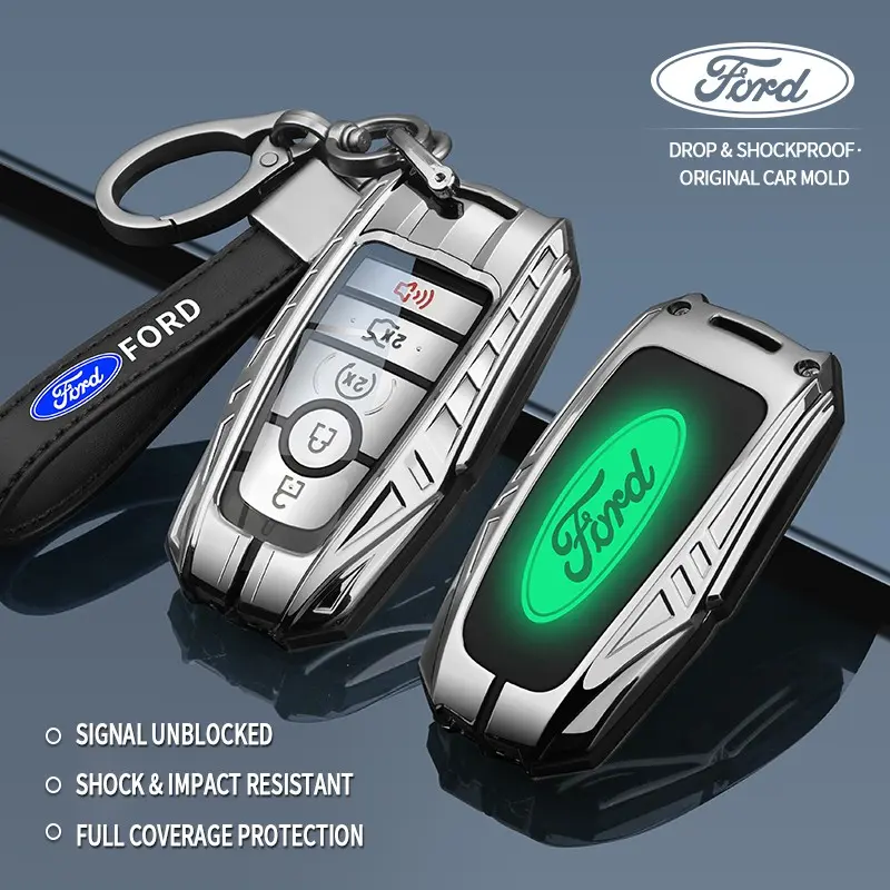Anti-Collision Zinc Alloy Leather Mecha Key Fob Case accesorios para llavero funda llave,For Ford Explorer Edge Escape Focus Taurus Fusion Mustang Ranger F-150 F-250 Maverick C-Max Transit Expedition Bronco Sport Mondeo Premium Auto Key Accessory