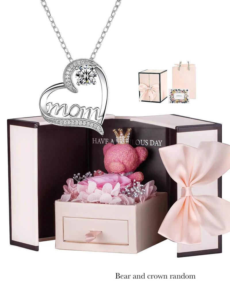 Elegant Heart Shaped Rhinestone Decor Pendant Necklace with Flower Rose Box, Fashionable Heart Design Necklace for Women, Elegant Jewelry for Wedding Party, Accessories, Valentine's Day, Gifts for Her, Mother's Day Gifts, Gift Set for Mothers, Love