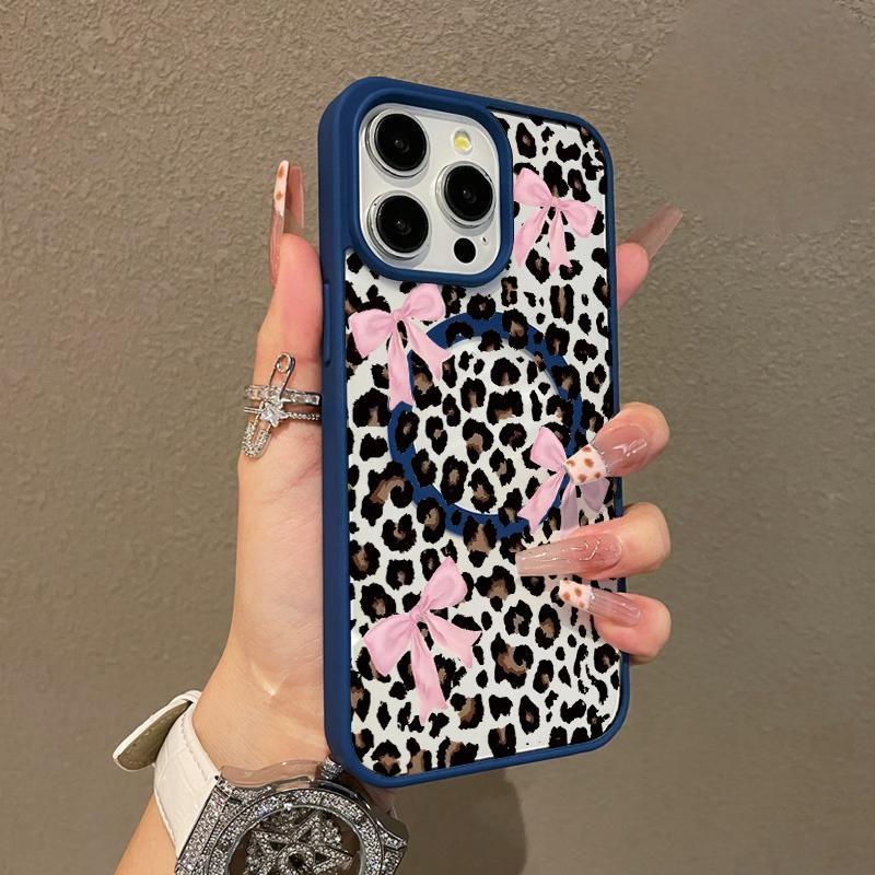 Leopard Print Bow Pattern Premium Magnetic Phone Cases for iPhone 16 15 14 Pro Max 13 12 11 Plus Smartphone Shockproof Protection Acrylic Cover Cellphone Protective magsafe magnetic case Aesthetic Resistance Casing Protector.QXE719