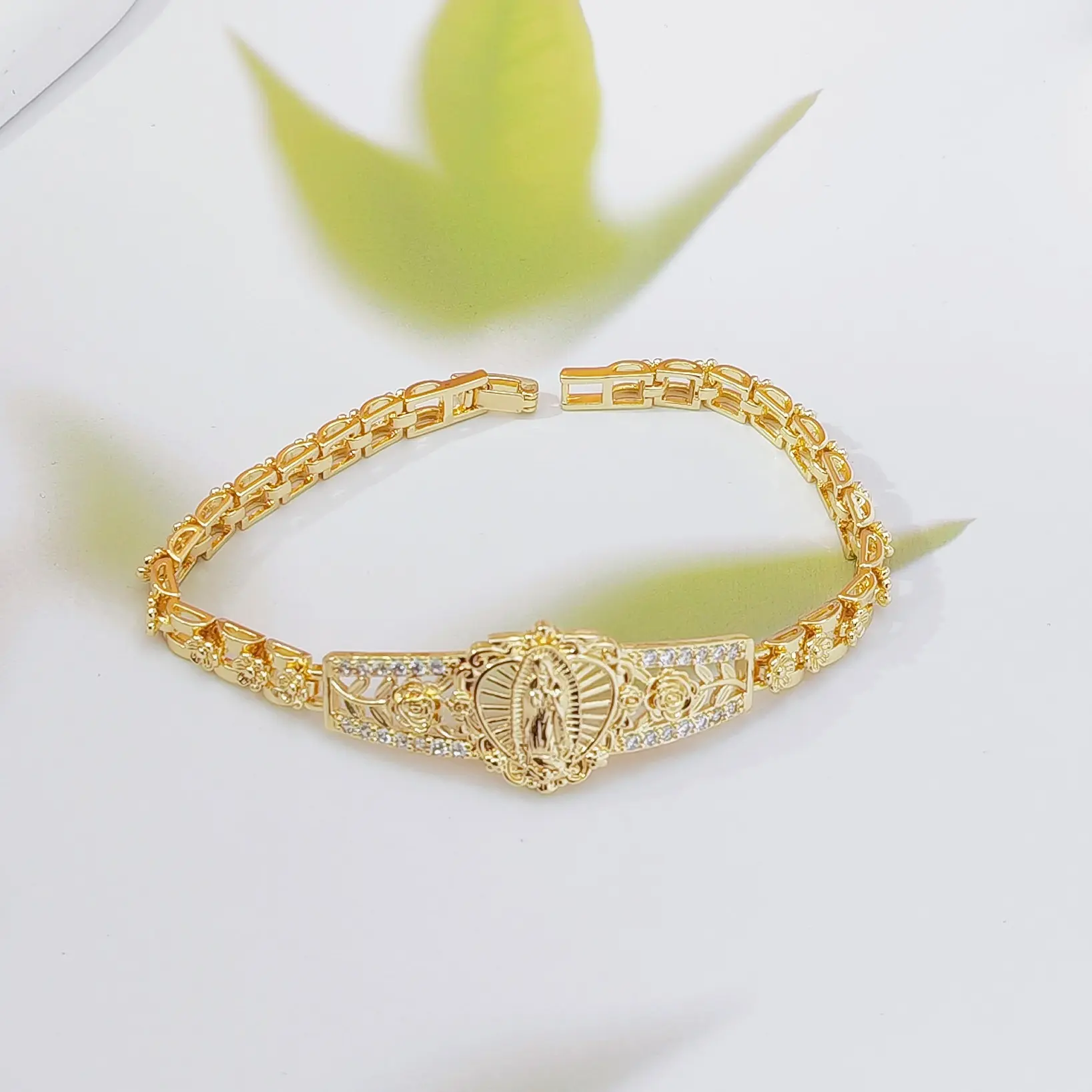 Our Lady of Guadalupe Bracelet for Women, Gold-Plated Rose Flower Link Chain with Cubic Zirconia Crystal Accents, Adjustable Religious Gift, Adjustable Size