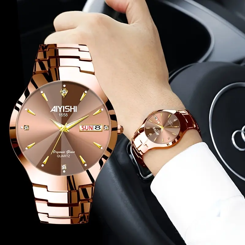 AIYISHI 2024 Fashionable Elegant Business Daily Wear Double Calendar With Luminous Men's Luxury Classic Coffee Gold Stainless Steel Watch With Quartz Wristwatch, The Ideal Choice For Gifts