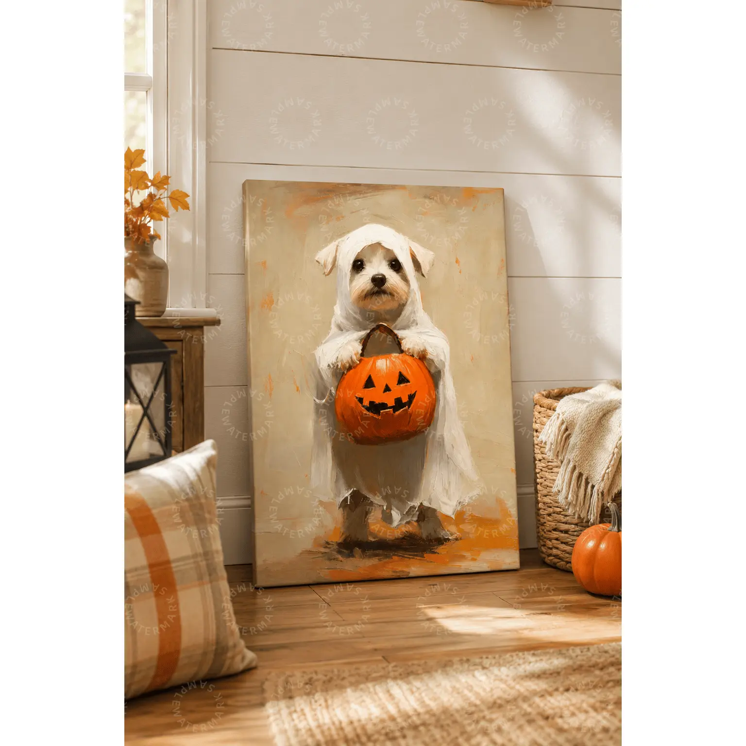 Cute Ghost Dog Pumpkin Halloween Canvas Poster, Vintage Fall Oil Painting Wall Art, Neutral Warm Autumn Living Room Decor, Spooky Farmhouse Aesthetic Wall Hanging Gift, teen room aesthetic poster