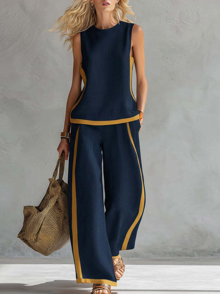 2026 Linen Blend Two Piece Set for Women Sleeveless Color Block Top Wide Leg Pants Set Casual Summer Outfit # LinenSet # WideLegPants # ColorBlock # SummerOutfit # BohoFashion # CasualWear # Outfit of the Day # WomensFashion