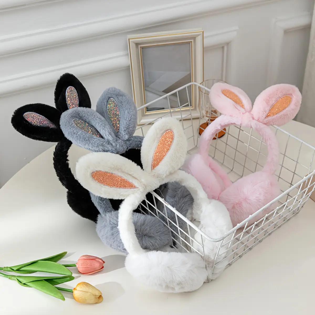 1pc Cute Pink Rabbit Ears Plush Ear Muffs for - Soft Warm Foldable Winter Accessories with Sparkling Embellishments, Adorable Animal Design for Cold Weather Comfort, Cozy Clothing Accessory, Playful Design, Durable Construction, Fashion Lovers