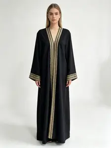 Luxurious Gold Trim Embroidered Middle Eastern Outerwear, Long Robe for Muslim Festivals and Parties, Elegant Event Dressing
