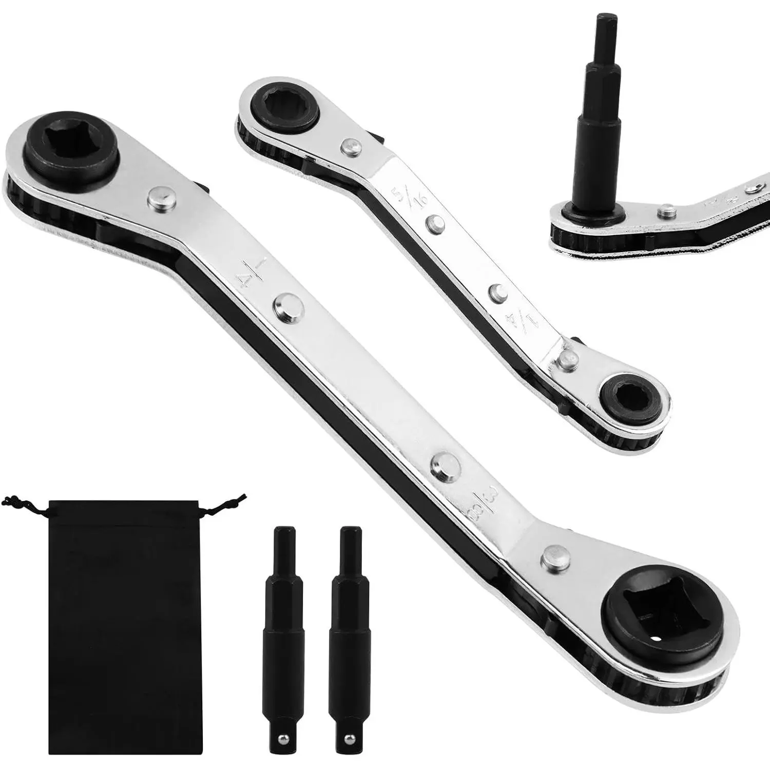 2 count HVAC Service Wrench Set, Air Conditioner Valve Ratchet Wrench 3/16” to 3/8” 5/16'' x 1/4'' with 2 Hexagon Bit Adapter Kit, for Air Refrigeration and Equipment Repair Tools