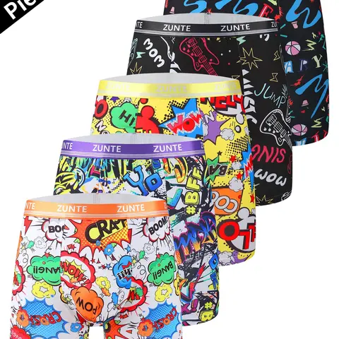 5 Pack Men's Assorted Prints Long Leg Stretchy Boxer Briefs, Moisture Wicking Quick Dry Breathable Underwear, Anti-Ride Up No Roll Stretch Seamless, Athletic Workout Gym Running Cycling, Loose Fit Plus Size All Season