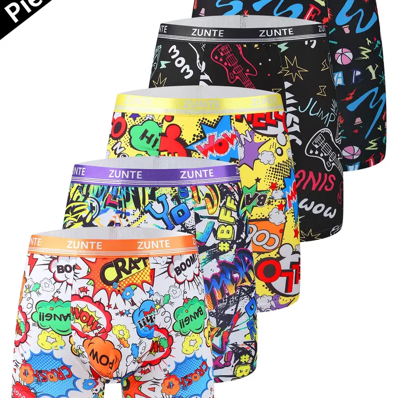 5 Pack Men's Assorted Prints Long Leg Stretchy Boxer Briefs, Moisture Wicking Quick Dry Breathable Underwear, Anti-Ride Up No Roll Stretch Seamless, Athletic Workout Gym Running Cycling, Loose Fit Plus Size All Season
