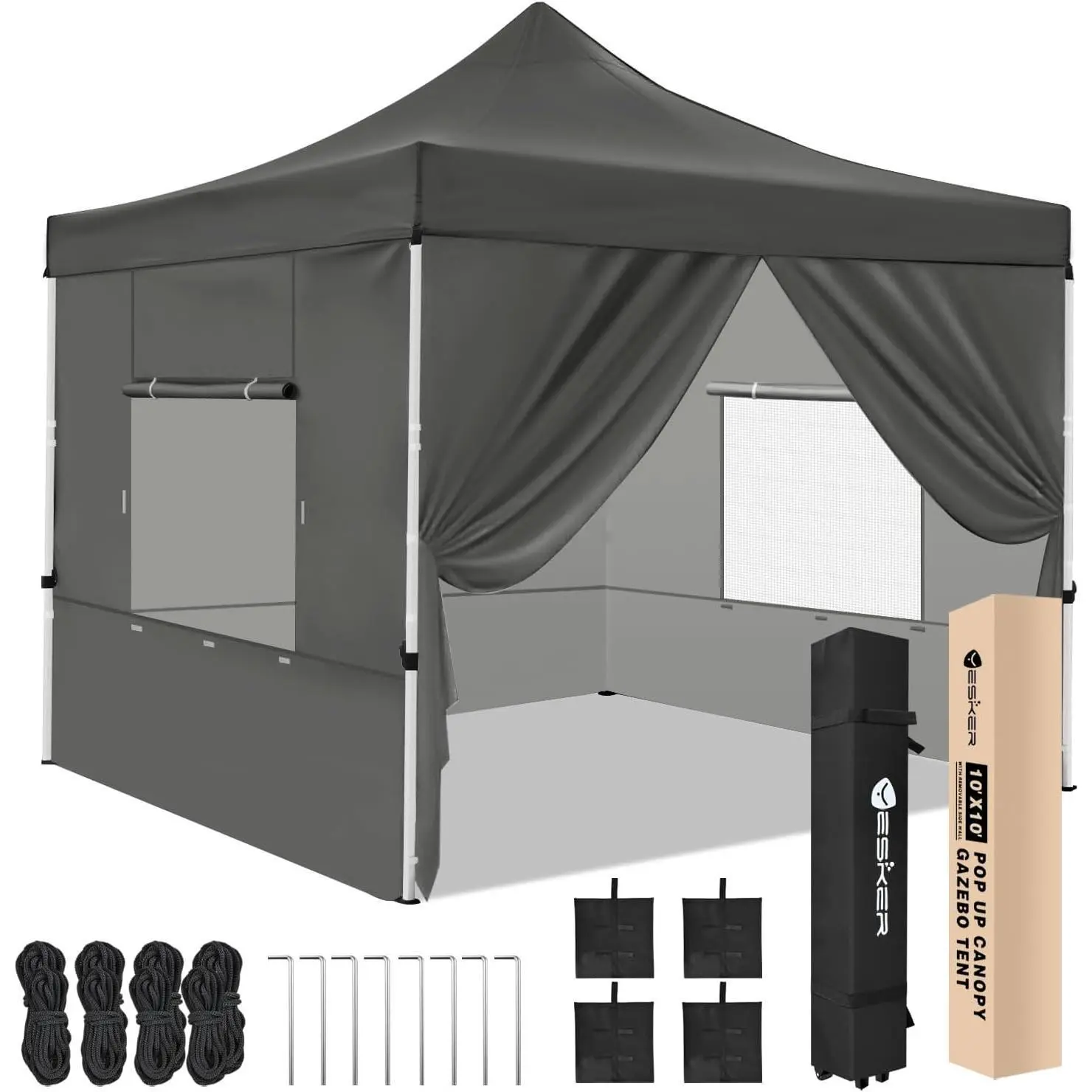 Nilight 10x10 Square Pop Up Canopy Tent - Steel Frame, Tool-Free Setup, Waterproof Portable Folding Gazebo with 4 Sidewalls, Ground Stakes, Sandbags, Wheeled Carry Bag for Events, Camping (Gray)