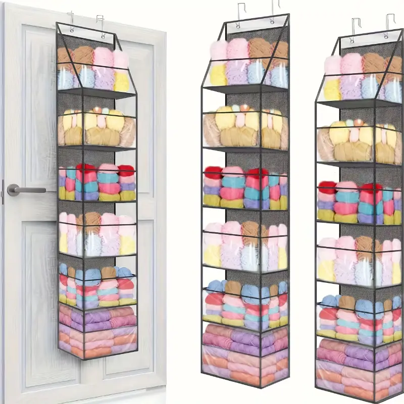 A Door-Mounted Yarn Storage Organizer Designed for Knitting And Crochet, Featuring 6 Transparent Plastic Bags And 2 Large Hooks