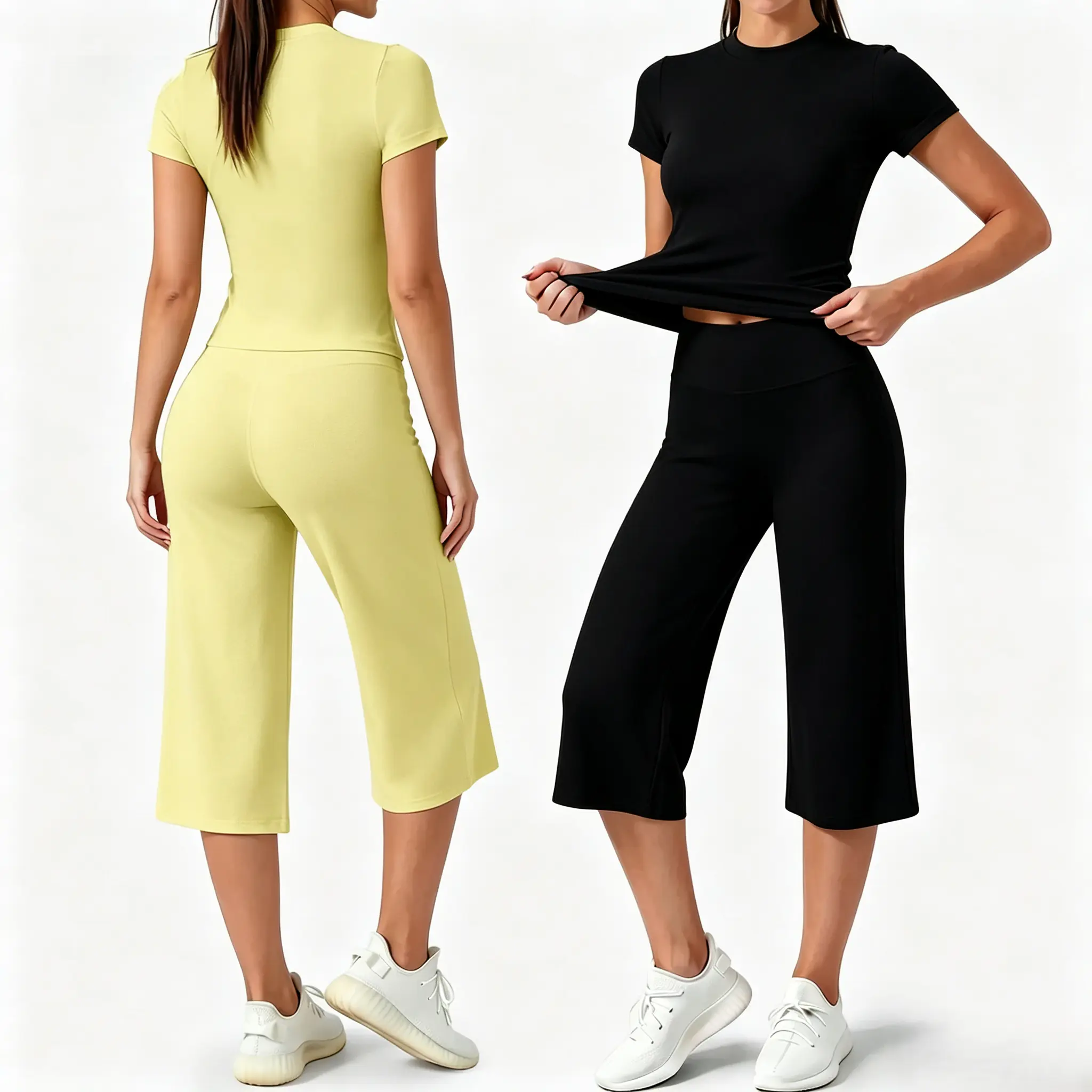 Women's 2-Piece Sportswear Set, Crew Neck Short Sleeve Slim Crop Top & High Waist Wide Leg Capri Yoga Pants, Stretchy Soft Seamless Loungewear for Gym, Pilates