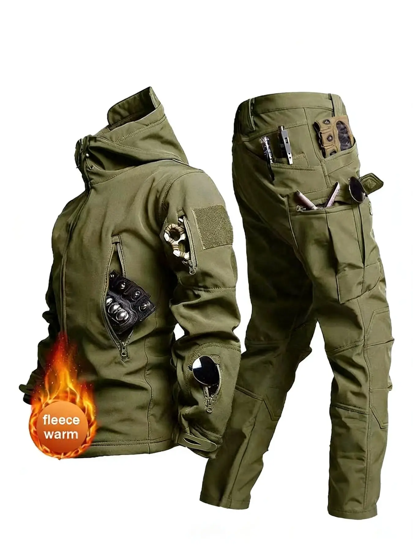 Men's autumn and winter fleece thermal suit, shark skin softshell windproof hooded jacket, outdoor sports, hiking and hunting pants, cold-proof softshell jackets and thermal pants sets, suitable for skiing, daily commuting, and other winter activities