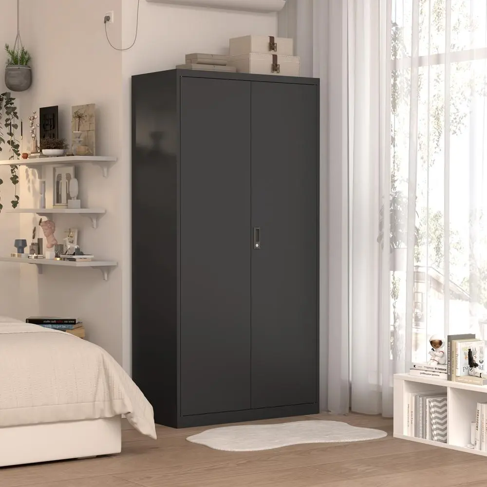 Large Capacity Black Steel Wardrobe with Lockable Doors, Metal Storage Closet with Hanging Rod and Adjustable Compartments, Freestanding Clothes Cabinet Organizer for Bedroom, Living Room, Laundry Room, Home Office, Heavy Duty Clothes Storage Armoire
